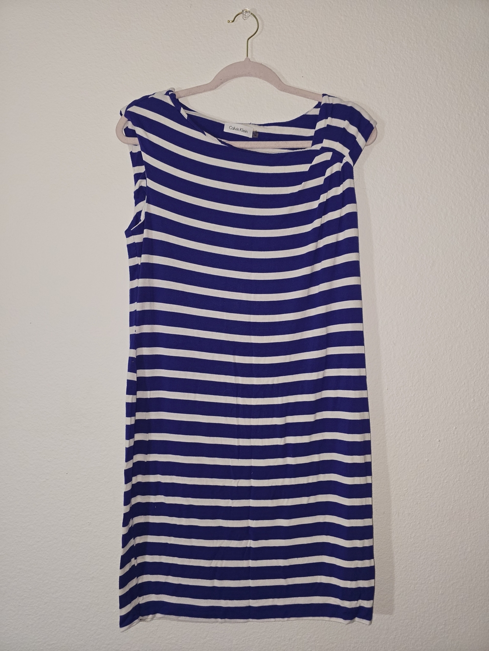 Calvin Klein Blue and White Striped Boatneck Shift Dress
